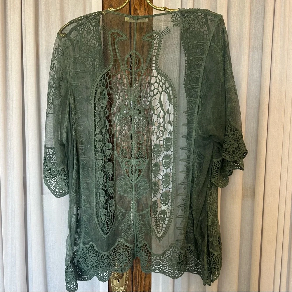 Simply Couture Sage Green Tab Sleeve Knit Lace Peacock Open Cardigan - Picture 5 of 10